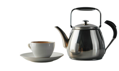 Modern metal teapot and a cup with poured tea on a transparent background.