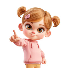 Cartoon 3d character little baby girl  on a white background points her finger to the side
