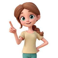 Cartoon 3d character girl on a white background points her finger up
