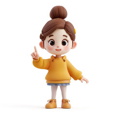 Cartoon 3d character little girl in a yellow jacket on a white background points her finger to the side
