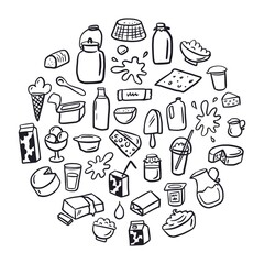 A round illustration from a collection of dairy products, hand-drawn in the style of doodles on a white background