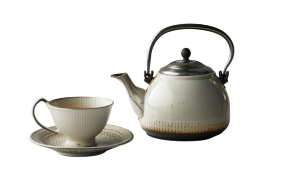 An elegant teapot and cup with a sleek, minimalist design on a transparent background. - Powered by Adobe