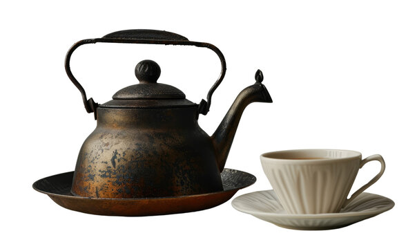 Vintage metal teapot with a matching tea cup, exuding antique charm and history.
