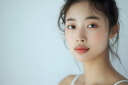 Portrait of beautiful Korean woman relax in the studio. Close up of healthy skin of Korean girl. 