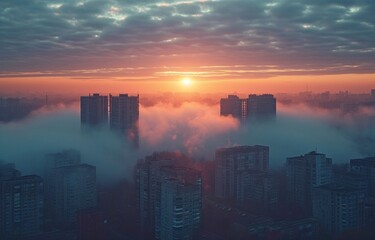 Fototapeta na wymiar Morning fog above the city