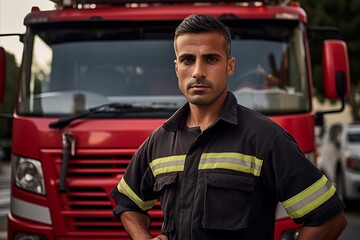 Fototapeta na wymiar A professional firefighter standing in front of a fire engine, ready to respond to emergency