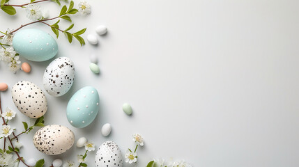 Easter background with eggs and flowers ,white background banner for website or ads, There is space...