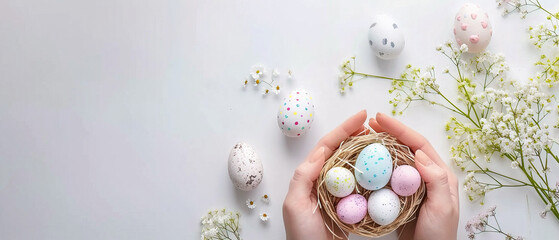 Easter eggs in a basket nest holding hands background banner for website or ads, Easter...