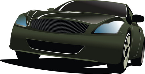 Black car sedan on the road. Vector illustration; - obrazy, fototapety, plakaty