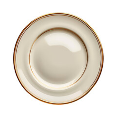 An elegant white ceramic plate with a delicate gold rim, isolated on a transparent background.