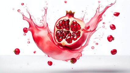 pomegranate with splashes of juice close-up, isolated on a white background