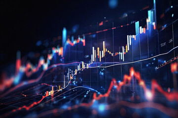 Financial Growth Perspective. Dynamic stock market visuals with digital charts and indicators on a dark blue background, symbolizing business investing and data concepts.