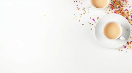 Obraz na płótnie Canvas Vibrant Birthday Celebration: Cups, Plate, Confetti, and Candles in Joyful Party Setup on White Background