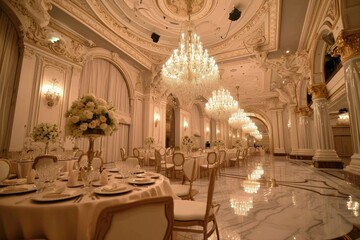 an event at luxury hotel banquet with dining tables and chandeliers