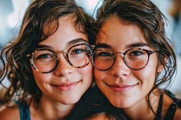 young twin sisters with glasses - obrazy, fototapety, plakaty