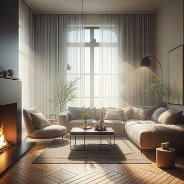 a living room with a couch and a fire place, a digital rendering pixabay contest winner, minimalism, soft light, minimalist, soft mist