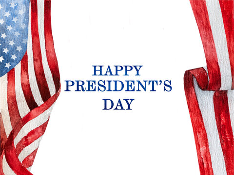 Happy Presidents' Day. American flag drawing and congratulatory message. Greeting card layout. Closeup. Congratulations for family, loved ones, relatives, friends and colleagues