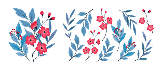 Set of decorative botanical design elements in folk style: wild plants, small red flowers, large blue leaves, branches, berries. Isolated hand drawn pretty floral elements. Vector illustration.