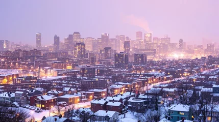 Papier Peint photo Violet view of a cold scenic cityscape skyline covered with snow in winters