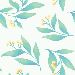 Seamless floral pattern, abstract natural ornament with watercolor twigs. Delicate botanical design: hand drawn branches, small berries, large leaves on a light background. Vector graphic illustration