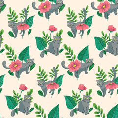 Seamless pattern with cute hand drawn animals, plants. Pretty floral wallpaper design, print: painted botany, small cats, kittens among flowers, leaves. Vector illustration in pastel colors.