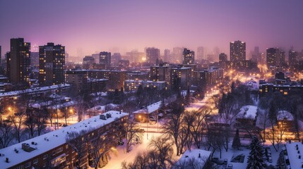 Fototapeta na wymiar view of a cold scenic cityscape skyline covered with snow in winters