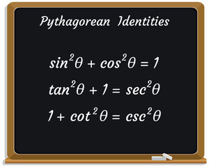Obraz premium Pythagorean identities on a black chalkboard. Education. Science. Formula. Vector illustration.