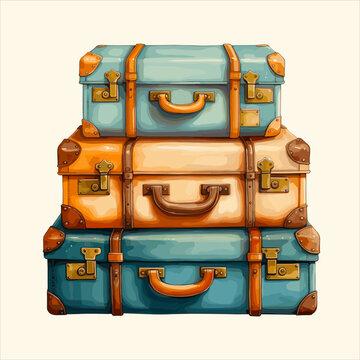 Watercolor painting of a collection of old suitcases