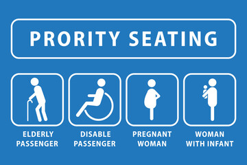 Priority seating sign. Elderly passenger, disable passenger, pregnant woman, woman with infant. Vector.