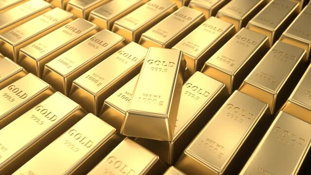 Gold bars stacked in a stack, panorama, 3D animation