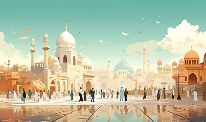 People walking to a mosque on Eid al Fitr, in the morning flat images, high detail AI Image generative - obrazy, fototapety, plakaty
