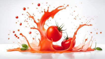 tometo with splashes of juice close-up, isolated on a white background