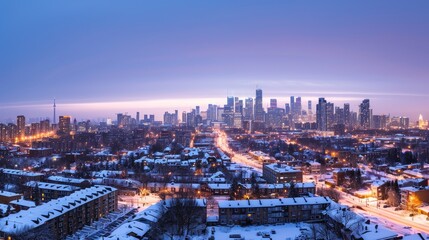 Naklejka na ściany i meble view of a cold scenic cityscape skyline covered with snow in winters