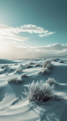 Serene Desert Landscape with Frosted Plants at Sunrise