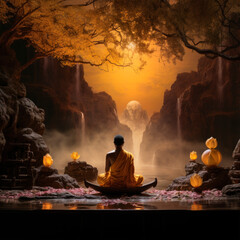 Mystical scene of monk meditating by tranquil pond in cave, with backdrop of soft waterfall, lotus flowers adorning the water and candles. Spiritual meditation practices. Cultural heritage of Buddhism