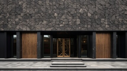 the outside of a building made of volcanic dark stone