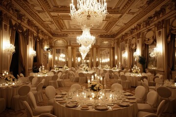 Fototapeta na wymiar an event at luxury hotel banquet with dining tables and chandeliers