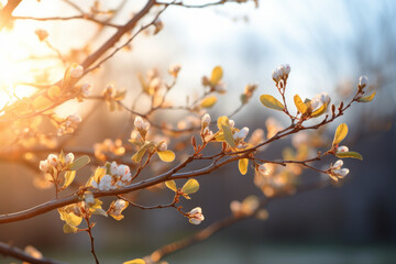 A tree branch in early spring with bursting buds in the early morning sunlight - obrazy, fototapety, plakaty