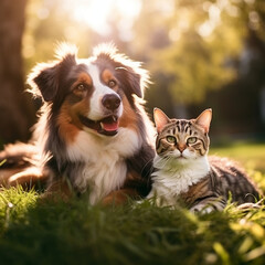 Cute Aussie dog and cat lie together in nature on green grass on a spring sunny background