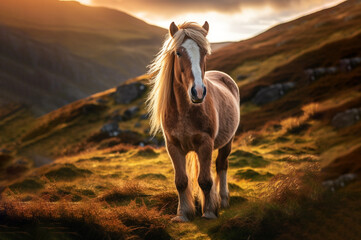 Irish horse Cob in the morning at dawn flutters his mane in the mountains