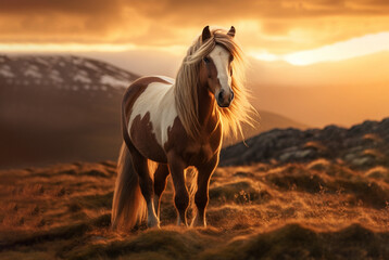 Irish horse Cob in the morning at dawn flutters his mane in the mountains