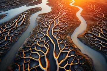 An abstract aerial view of a river delta with intricate patterns of water channels, creating a visually dynamic and sophisticated nature background for presentations. - obrazy, fototapety, plakaty