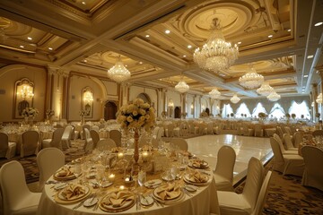 an event at luxury hotel banquet with dining tables and chandeliers