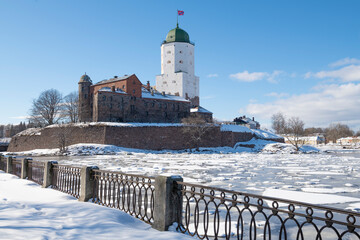 View of the medieval Vyborg castle on a sunny March day. Vyborg, Leningrad region. Russia