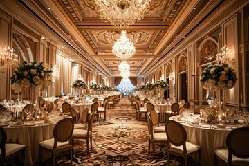 an event at luxury hotel banquet with dining tables and chandeliers - obrazy, fototapety, plakaty