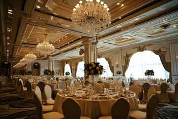 an event at luxury hotel banquet with dining tables and chandeliers