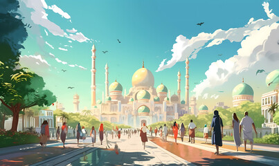 People walking to a mosque on Eid al Fitr, in the morning flat images, high detail AI Image generative - obrazy, fototapety, plakaty