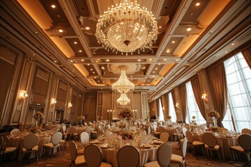 Fototapeta na wymiar an event at luxury hotel banquet with dining tables and chandeliers