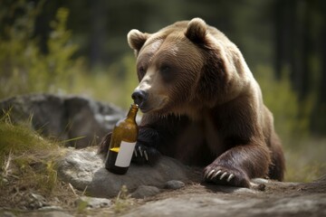 Obraz premium Bear drinking beer. Mature and dangerous animal with alcohol beverage. Generate AI