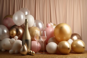 Obraz na płótnie Canvas Birthday background champagne balloons. Colorful and festive party with glass. Generate AI